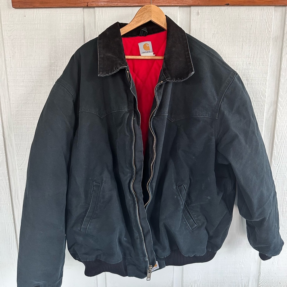 Vintage Carhartt Men's Black Jacket With Red Quilted Interior Corduroy Collar